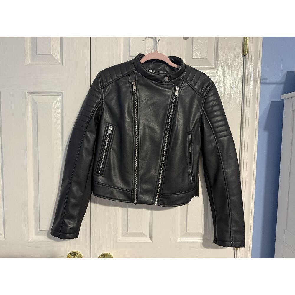 ZARA Black Faux Leather Moto Jacket Womens XL Cropped Biker Ribbed Sleeve Zip